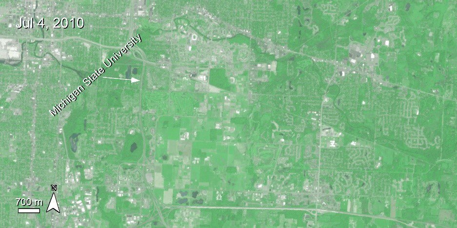 Terra ASTER imagery over East Lansing, Michigan, United States and the college campus of Michigan State University.