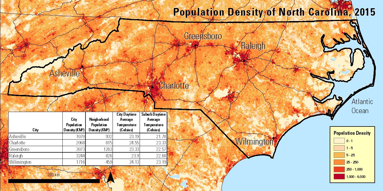 2015 GPW Un-Adjusted Population Density Dataset over North Carolina.