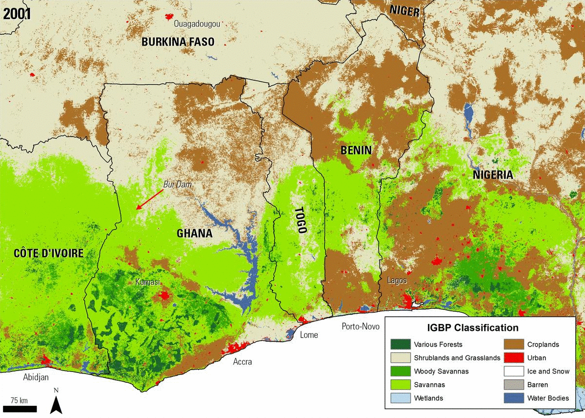 MCD12QA Land Type Change for Ghana, Togo, and Benin