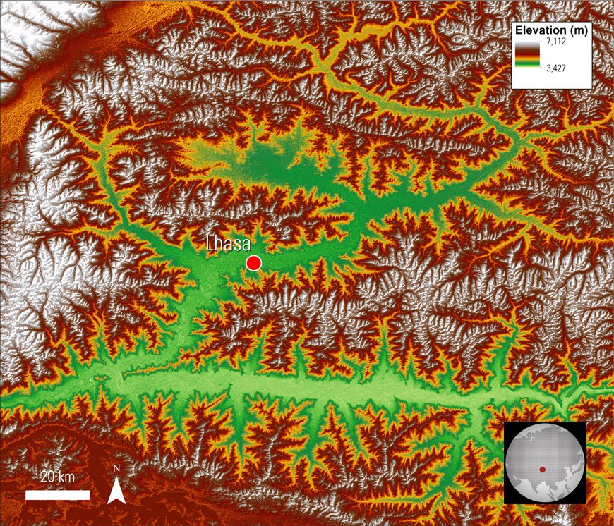 ASTER GDEM data of the area surrounding Lhasa on the Tibetan Plateau, with color and hillshade applied.