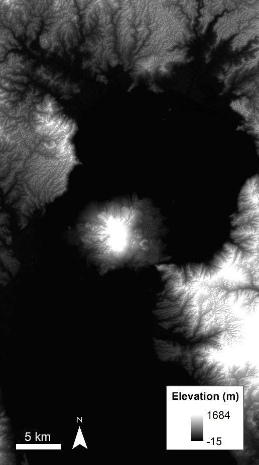SRTM imagery of the elevation of the Sakurajima volcano in Kyushu, Japan.
