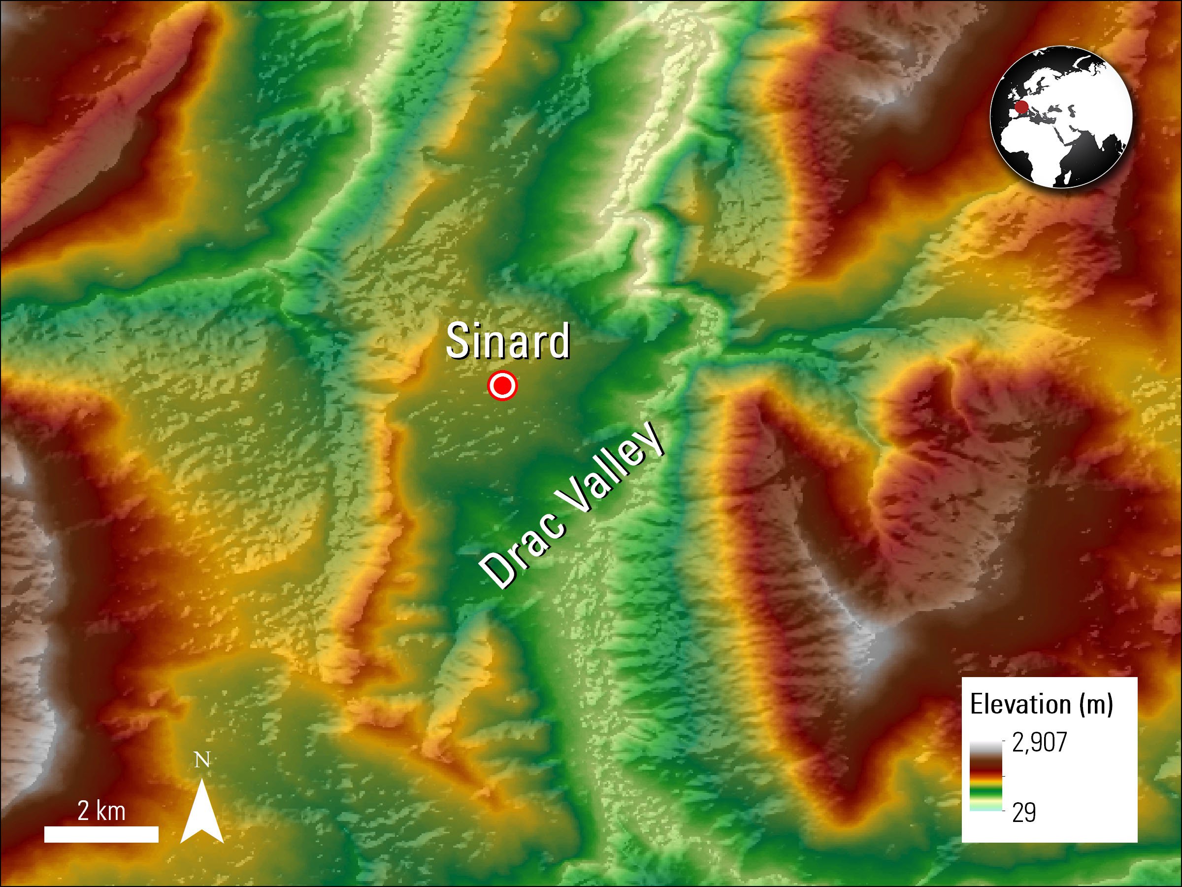 Terra ASTER elevation data over Sinard, France and the French Alps.