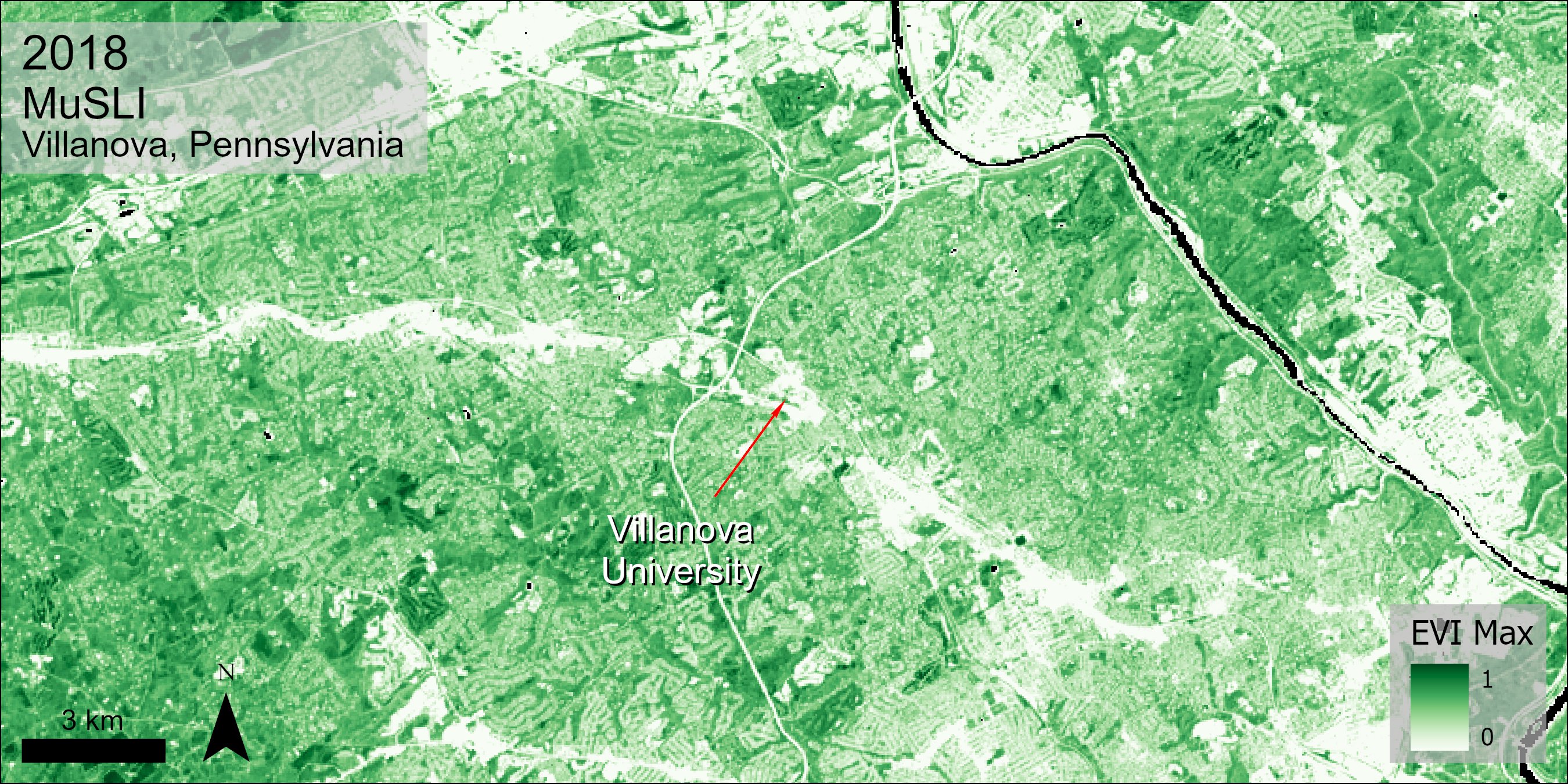 MuSLI EVI Max data over Villanova, Pennsylvania.