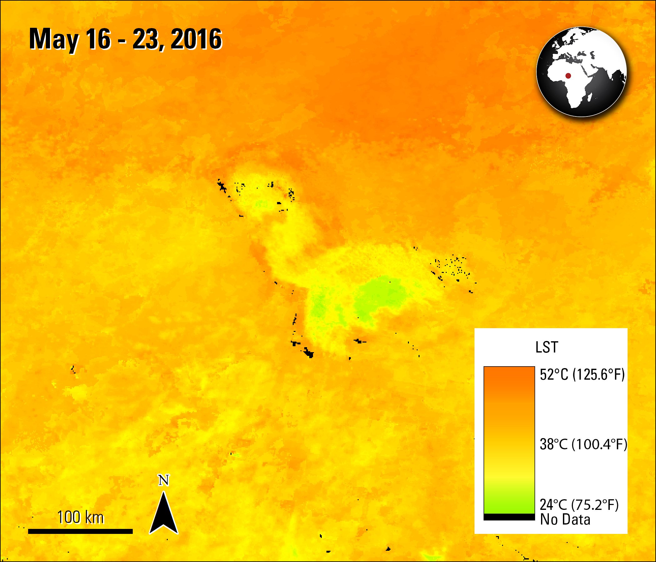 Terra MODIS LST data over Lake Chad, acquired between May 16 and 23, 2016.