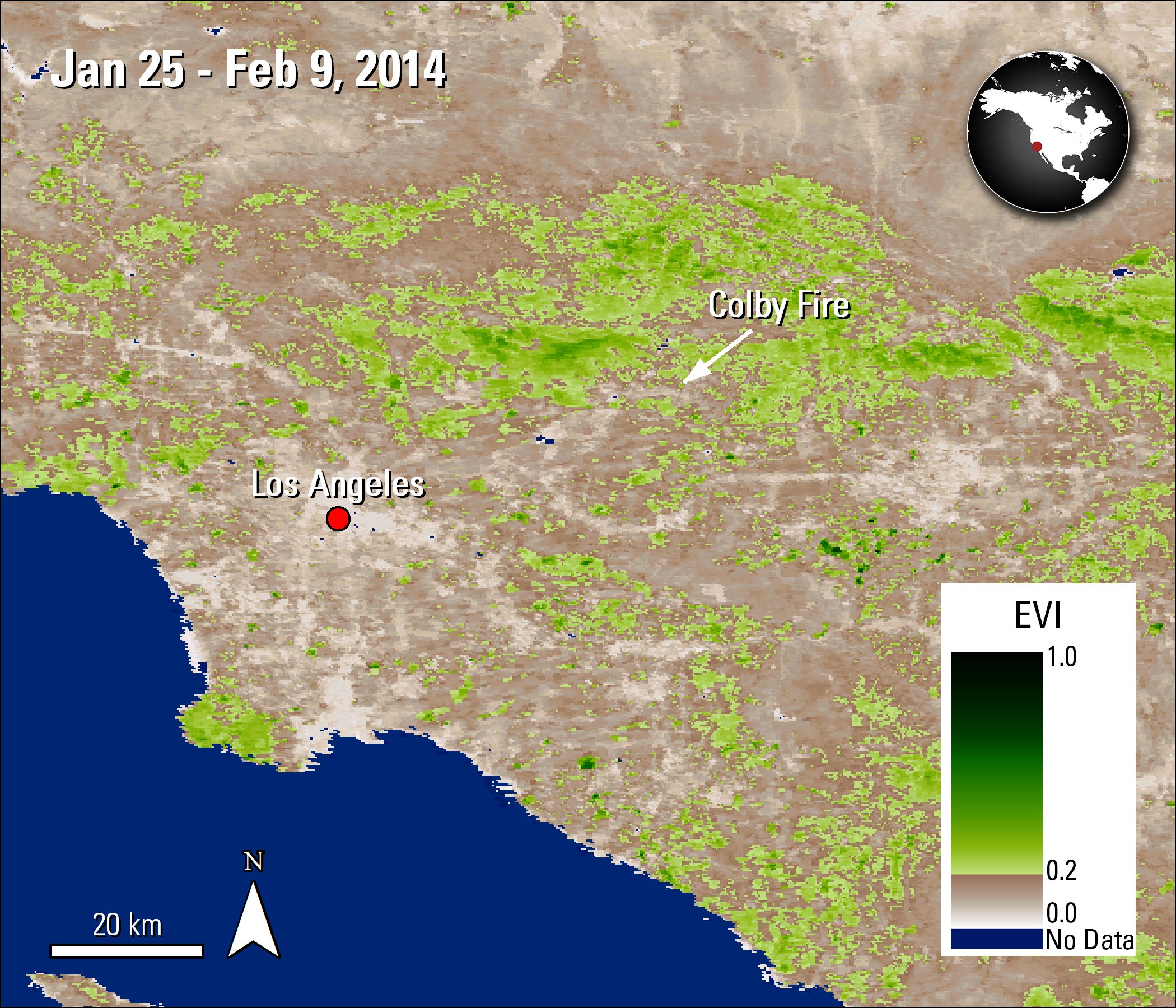 Aqua MODIS EVI data over California, United States, acquired between January 25 and February 9, 2014.