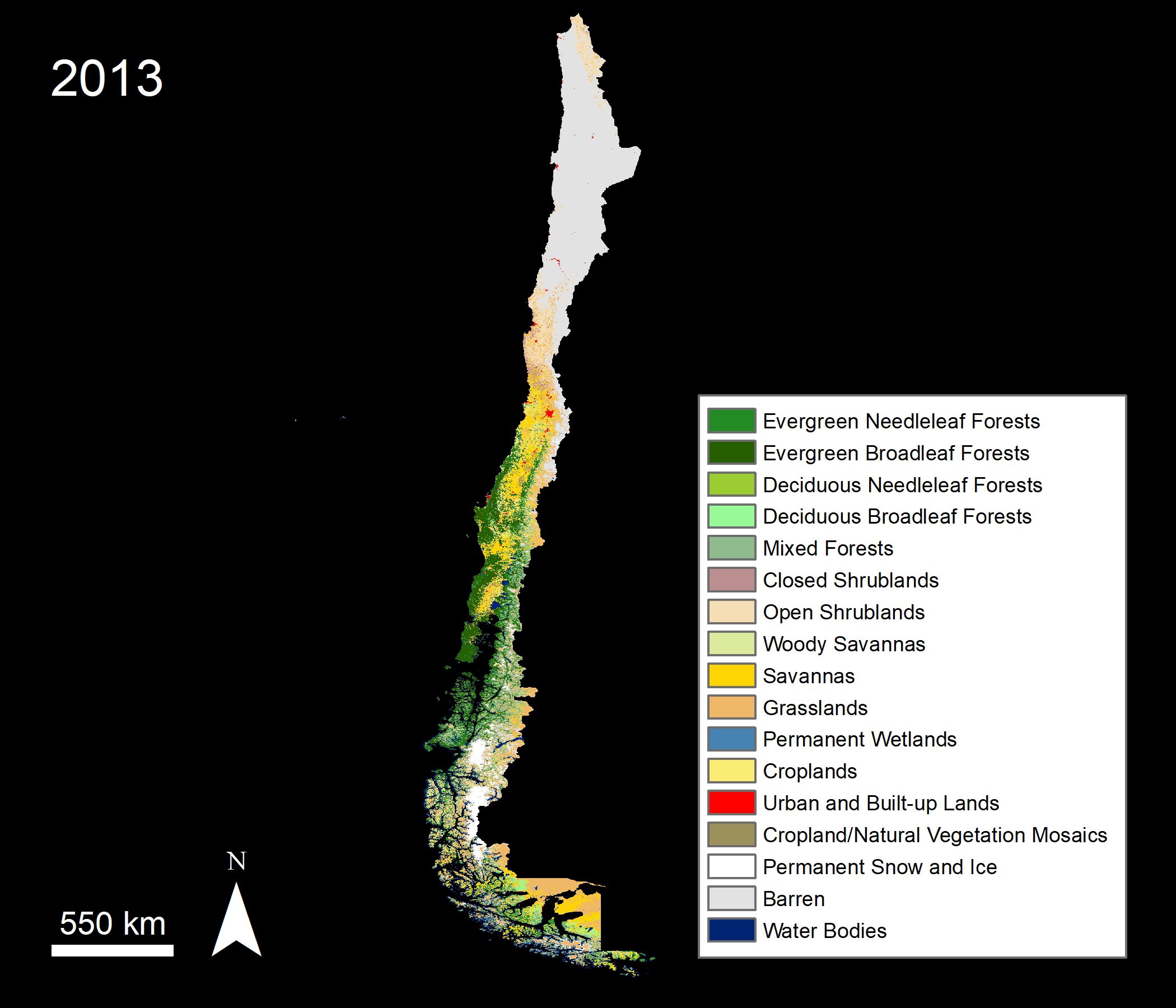 Combined MODIS Land Cover data over Chile, acquired in 2013.