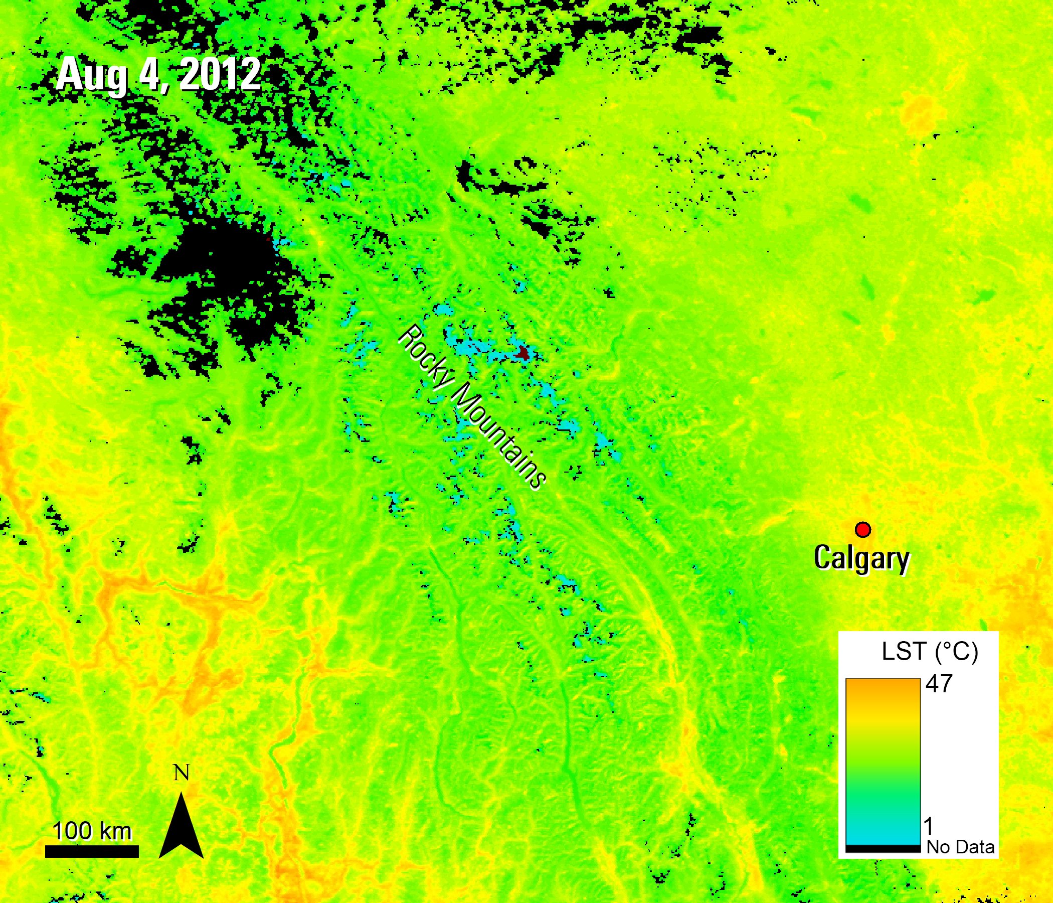A land surface temperature image of Western Alberta, Canada. Temperatures near the Rocky Mountains are colder, as indicated by the blue and green shades, acquired August 4, 2012.