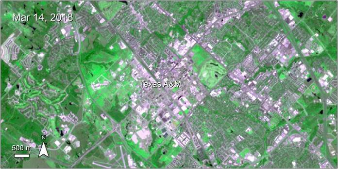 Terra ASTER imagery over College Station, Texas, United States and the college campus of Texas A&M.