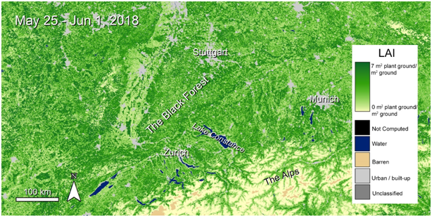 S-NPP NASA VIIRS Leaf Area Index (LAI) data over the Black Forest, Germany.