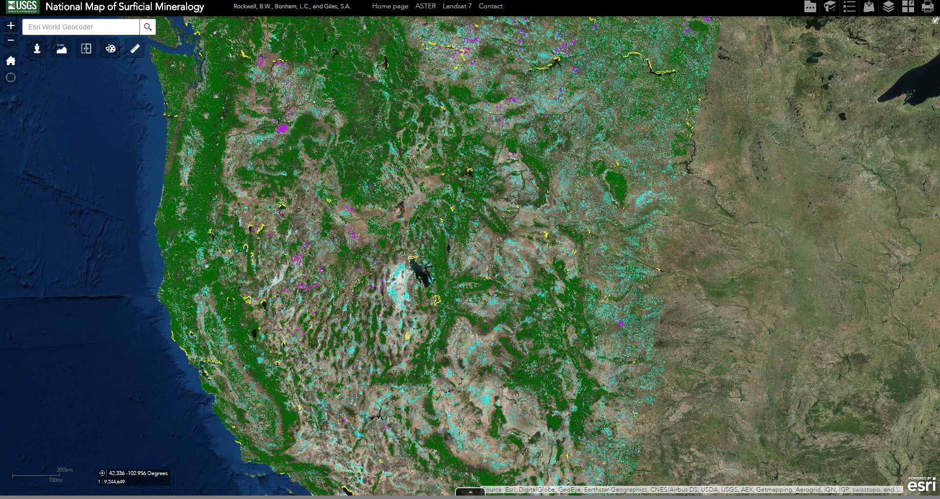 Screen shot of ASTER data over Western United States from the National Map of Surficial Mineralogy.