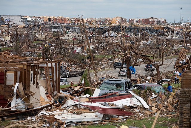 The destruction from the Joplin Tornado was captured by a member of the Ozarks Red Cross a few days after the tornado hit the town as taken by Ozarks Red Cross / flickr.com / CC by SA 2.0