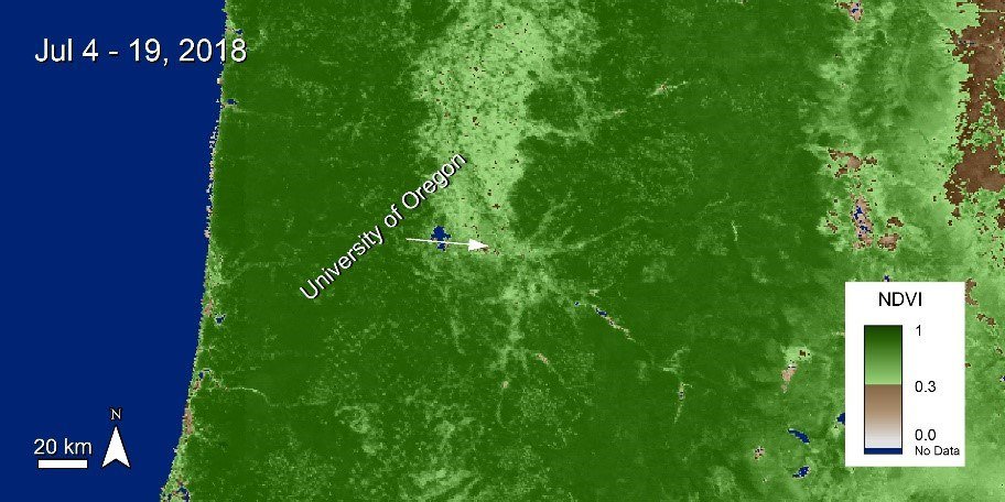 S-NPP NASA VIIRS NDVI imagery over the University of Oregon, Eugene, Oregon, United States.
