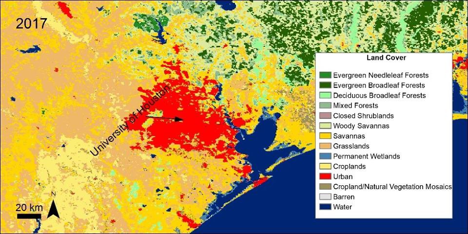 Land cover imagery over Houston, Texas, United States and the college campus of the University of Houston.