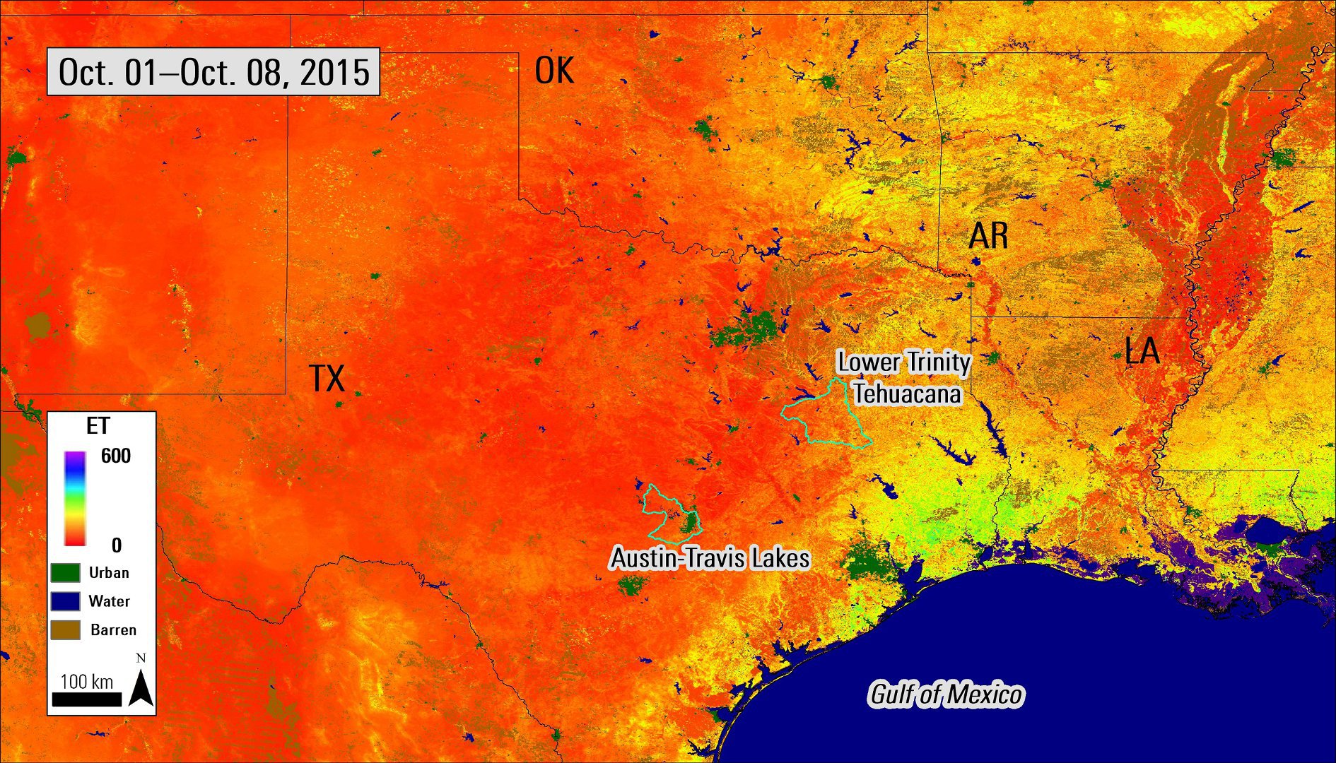 MODIS Evapotranspiration composite image over Texas from October 8, 2015.
