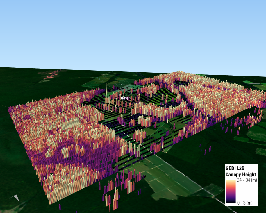 3D visualization of GEDI-derived Canopy Height over a section of the Amazon, with an HLS true color composite basemap.