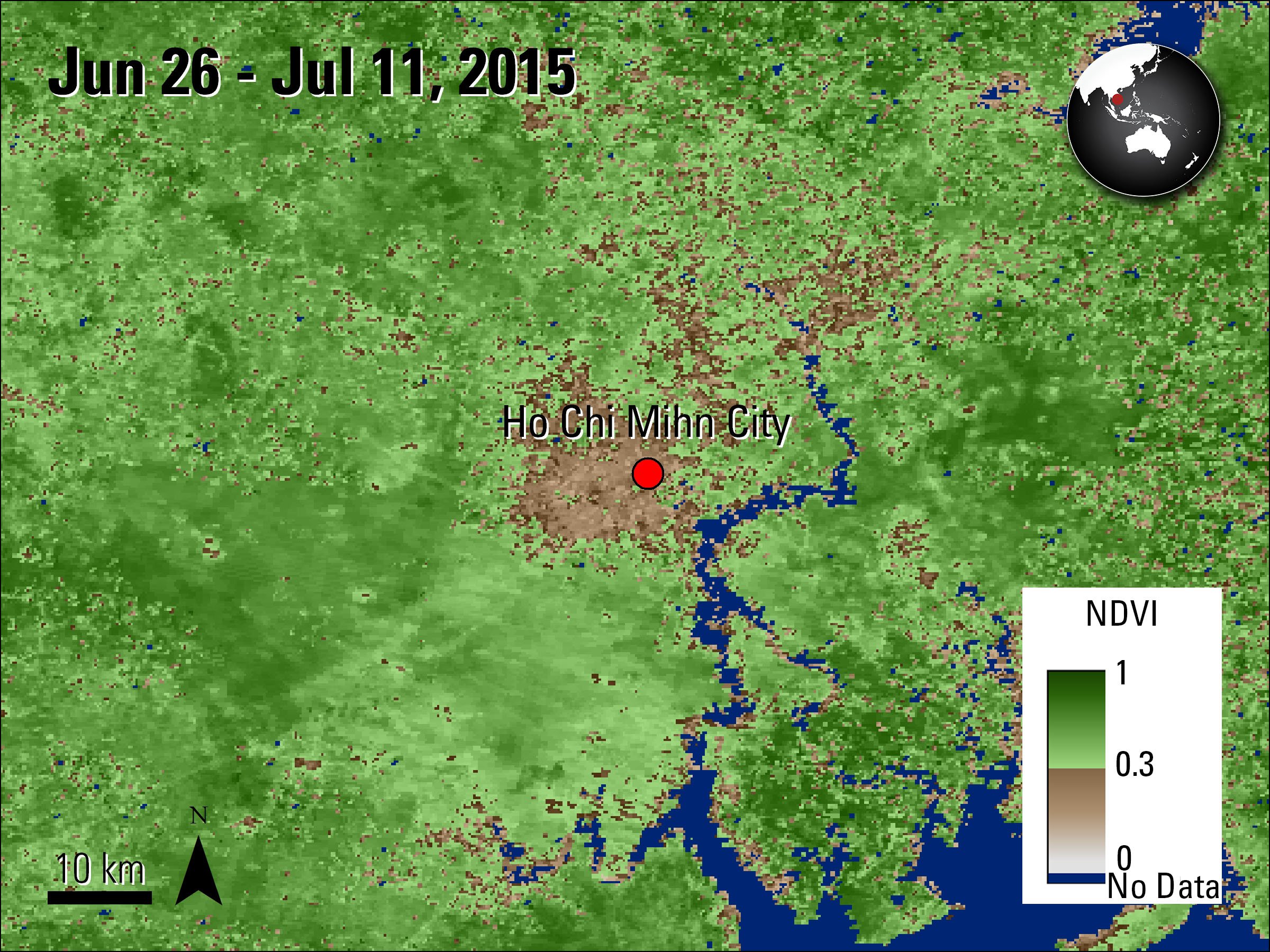 Terra MODIS NDVI data (MOD13Q1) over Vietnam, acquired between Jun 26 and July 15, 2013.