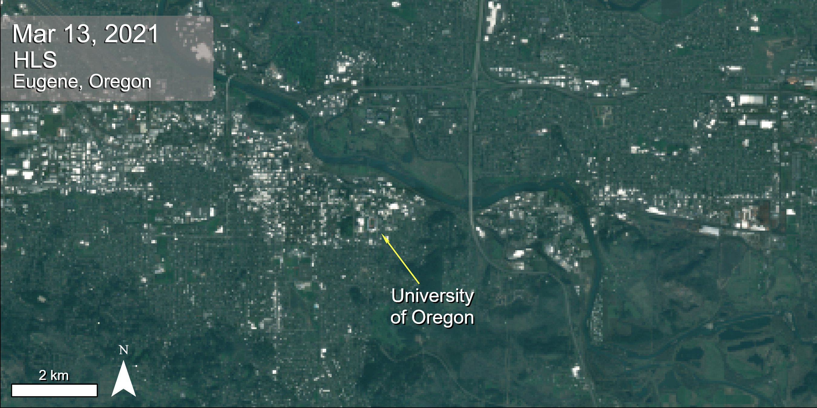 HLS surface reflectance data over Eugene, Oregon.
