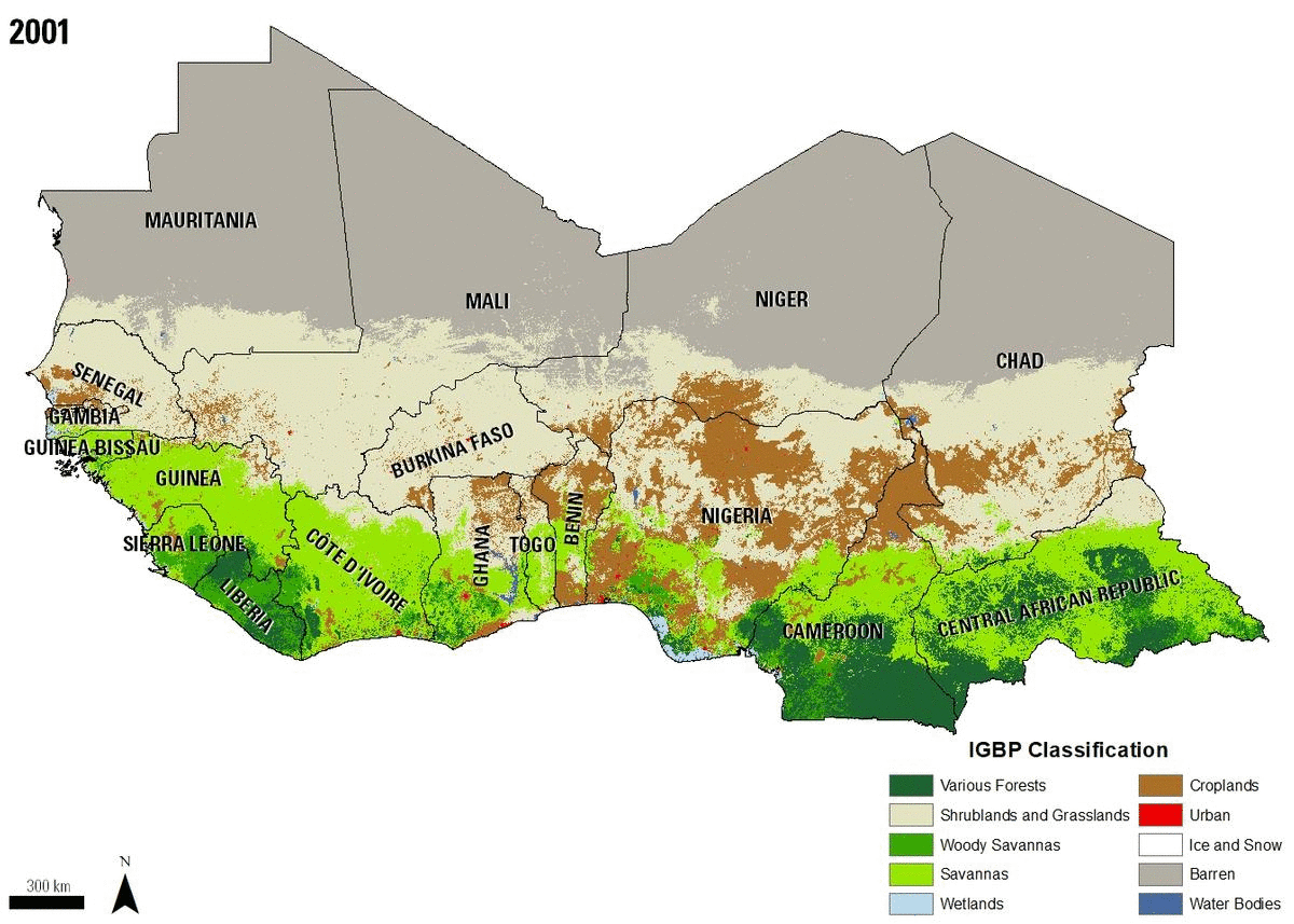 MCD12Q1 Land Cover Type International Geosphere-Biosphere Programme (IGBP) Classification data over western Africa, from 2001 to 2018.