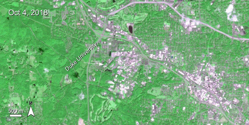 Terra ASTER imagery over Durham, North Carolina, United States and the college campus of Duke University.