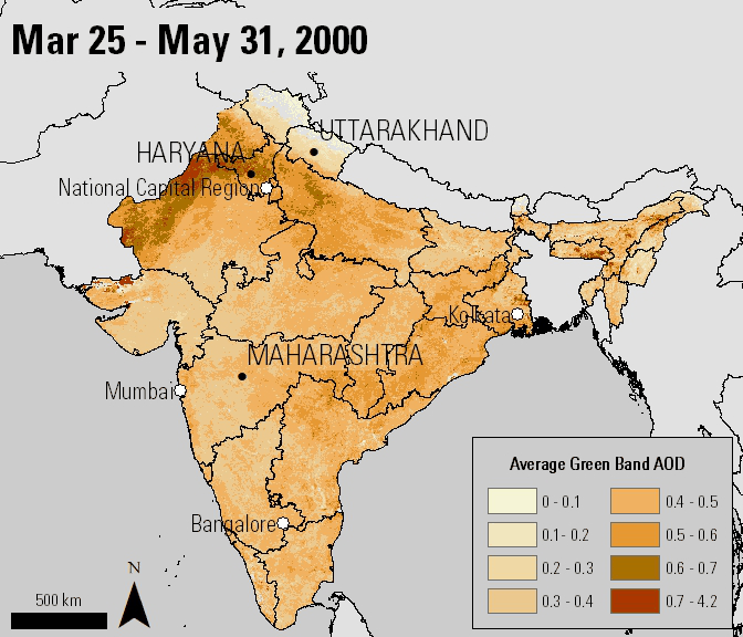 A GIF shows a total of five maps of the average green band AOD between March 25 and May 31 for 2000, 2005, 2010, 2015, and 2020 over India. The values are between 0 and 4.2. The higher AOD is shown in darker brown, medium AOD is shown in light orange, and