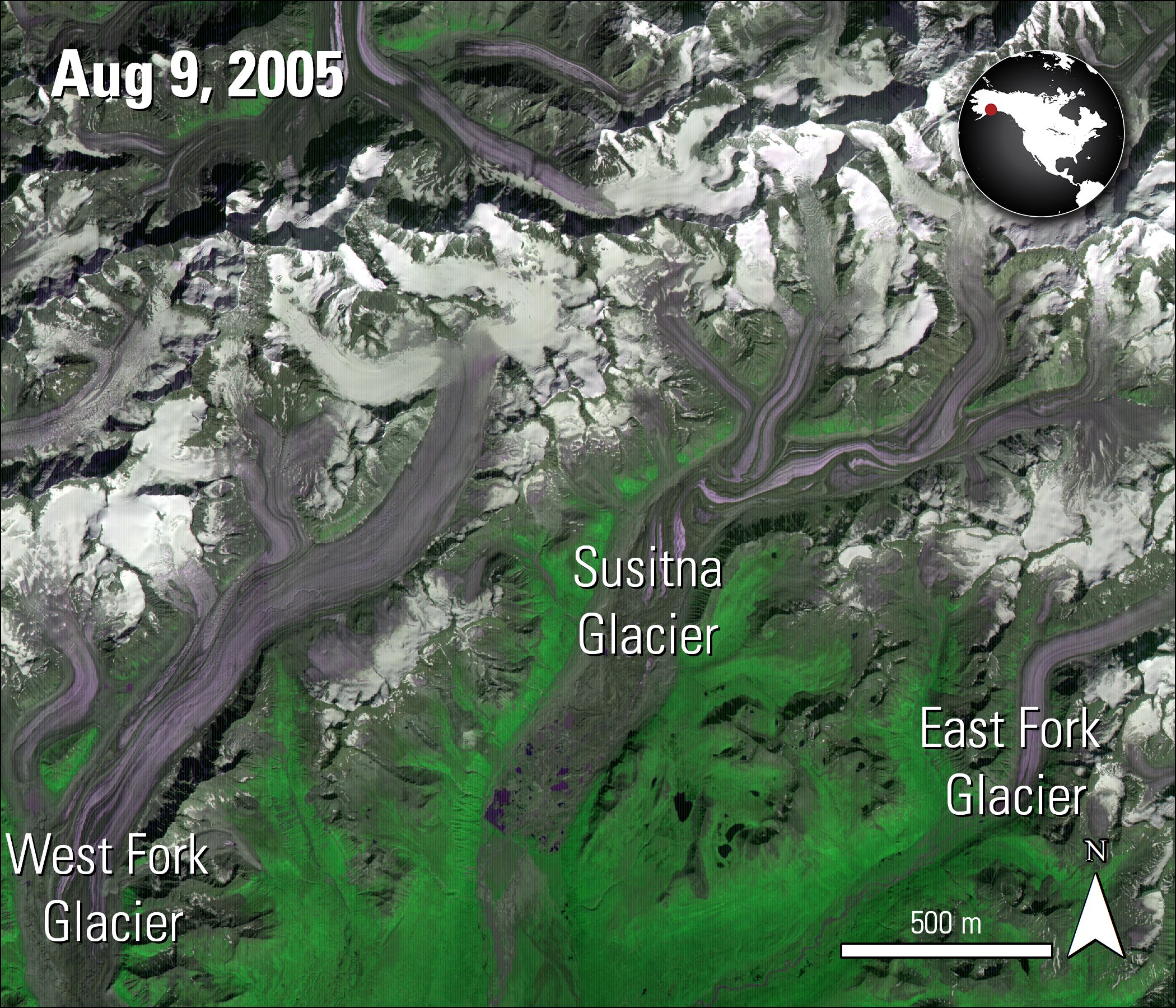 Terra ASTER imagery over glaciers in Alaska, acquired August 9, 2005.