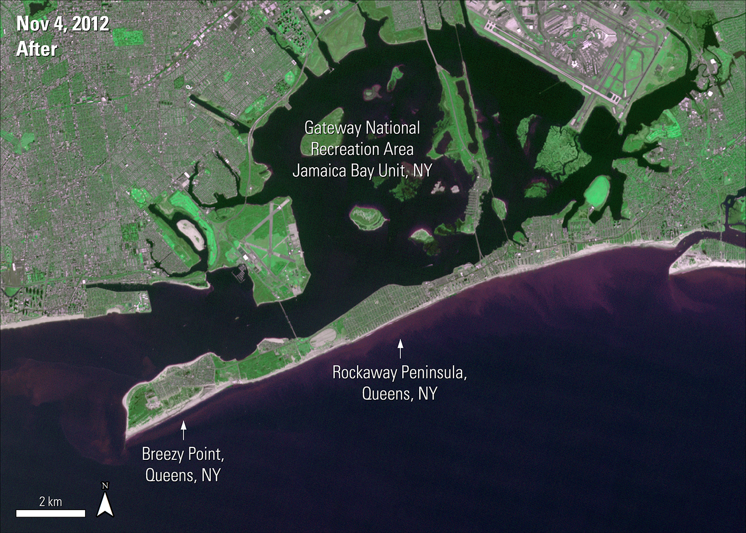 Terra ASTER surface reflectance imagery over the borough of Queens New York after Hurricane Sandy, acquired November 4, 2012.