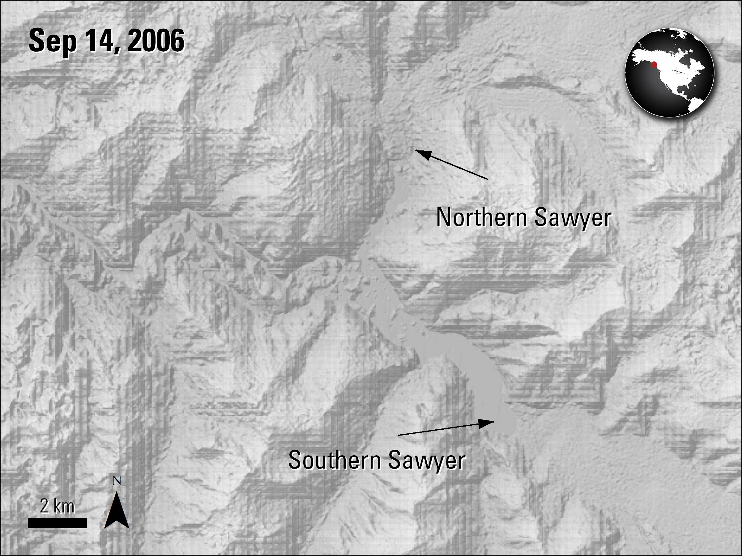 Terra ASTER Elevation imagery over Northern Sawyer and Southern Sawyer glaciers in Alaska, acquired September 14, 2006..