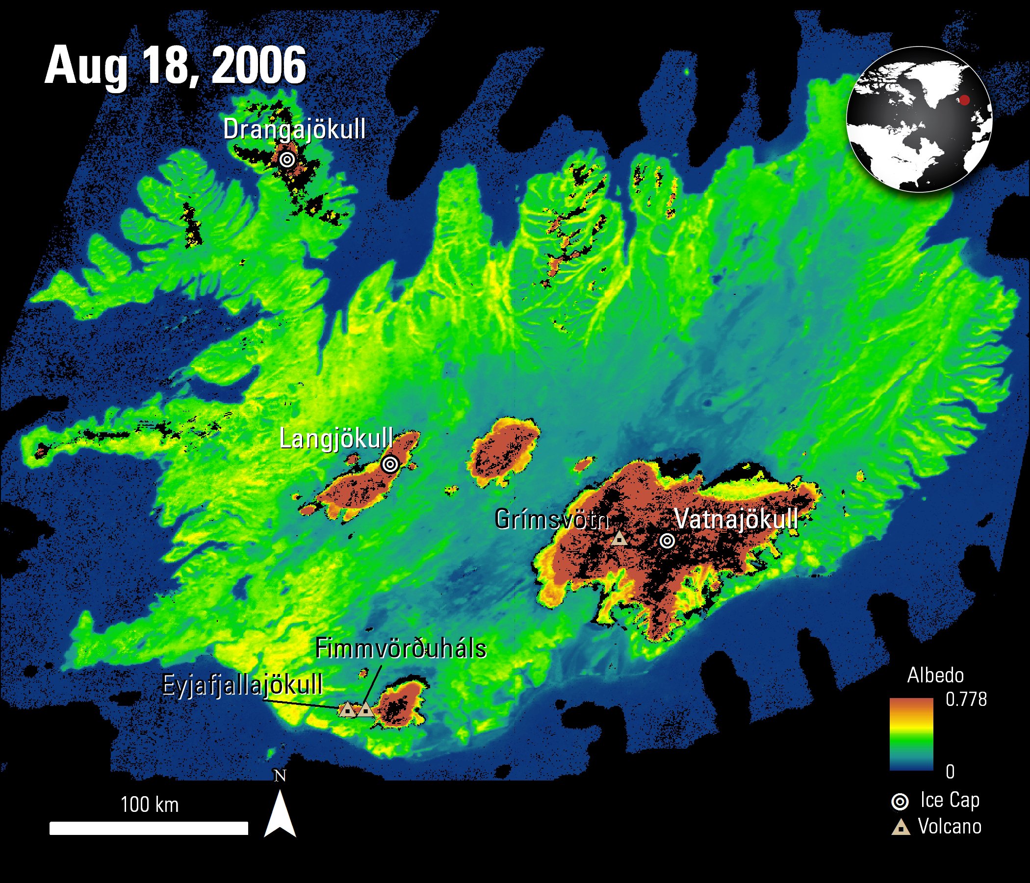 Combined MODIS Black sky albedo data over Iceland, acquired August 18, 2006.