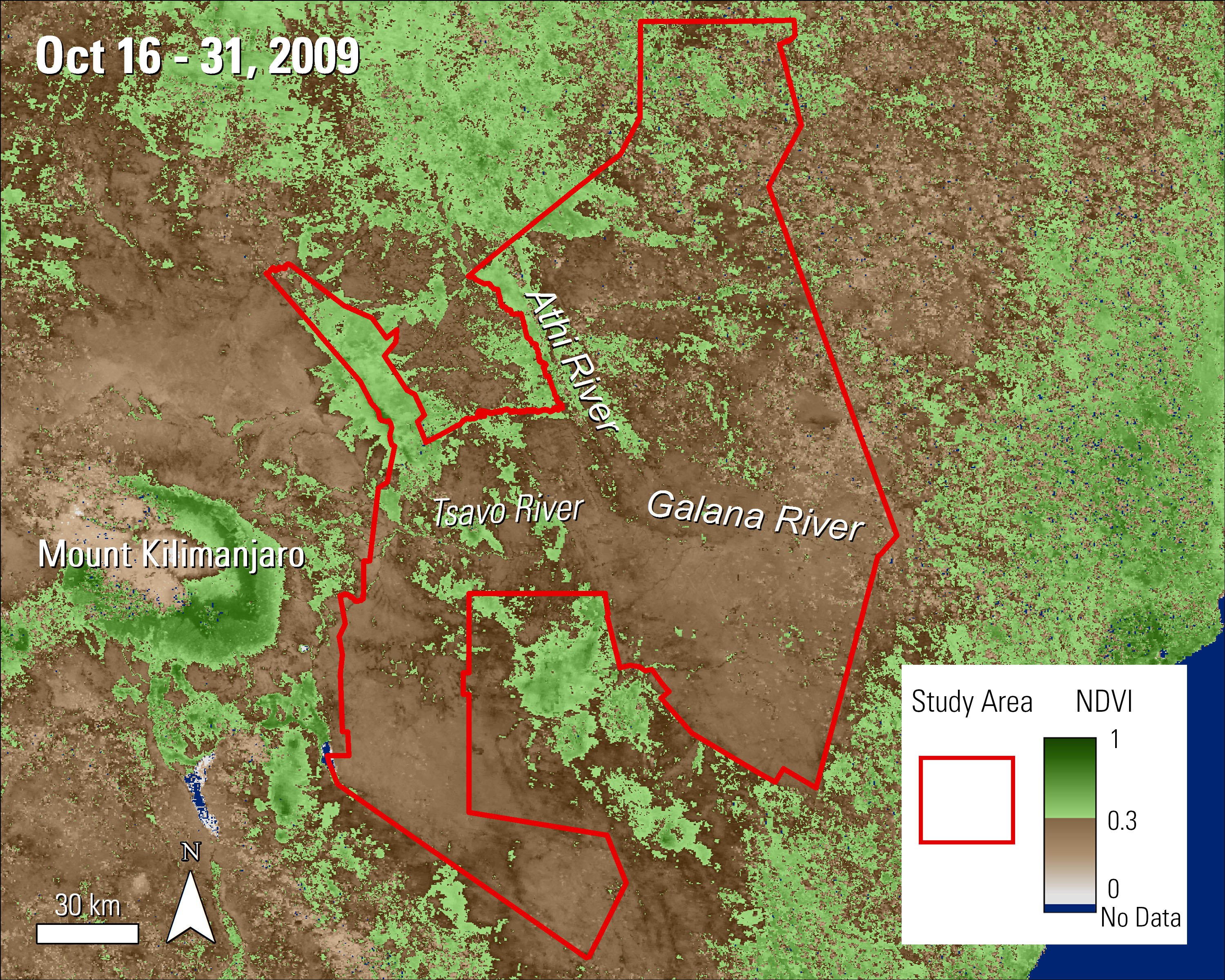 Terra MODIS NDVI data over the Tsavo Conservation Area in Kenya during October 2009.