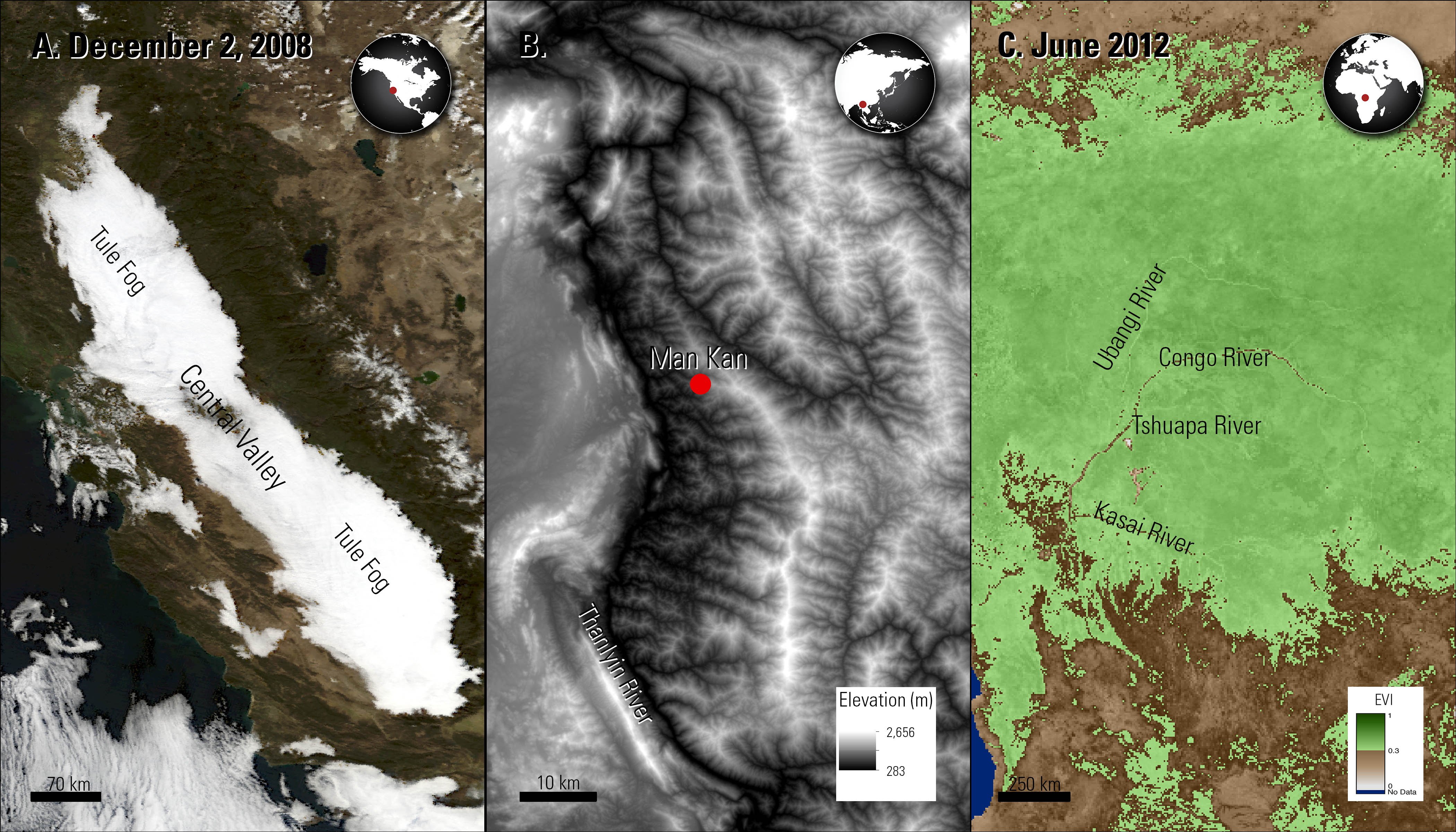 Three images showing data from the story. The left image shows fog in California, United States, the center image shows elevation over Man Kan, Myanmar, and the right image shows EVI data over the Congo Basin in Africa.