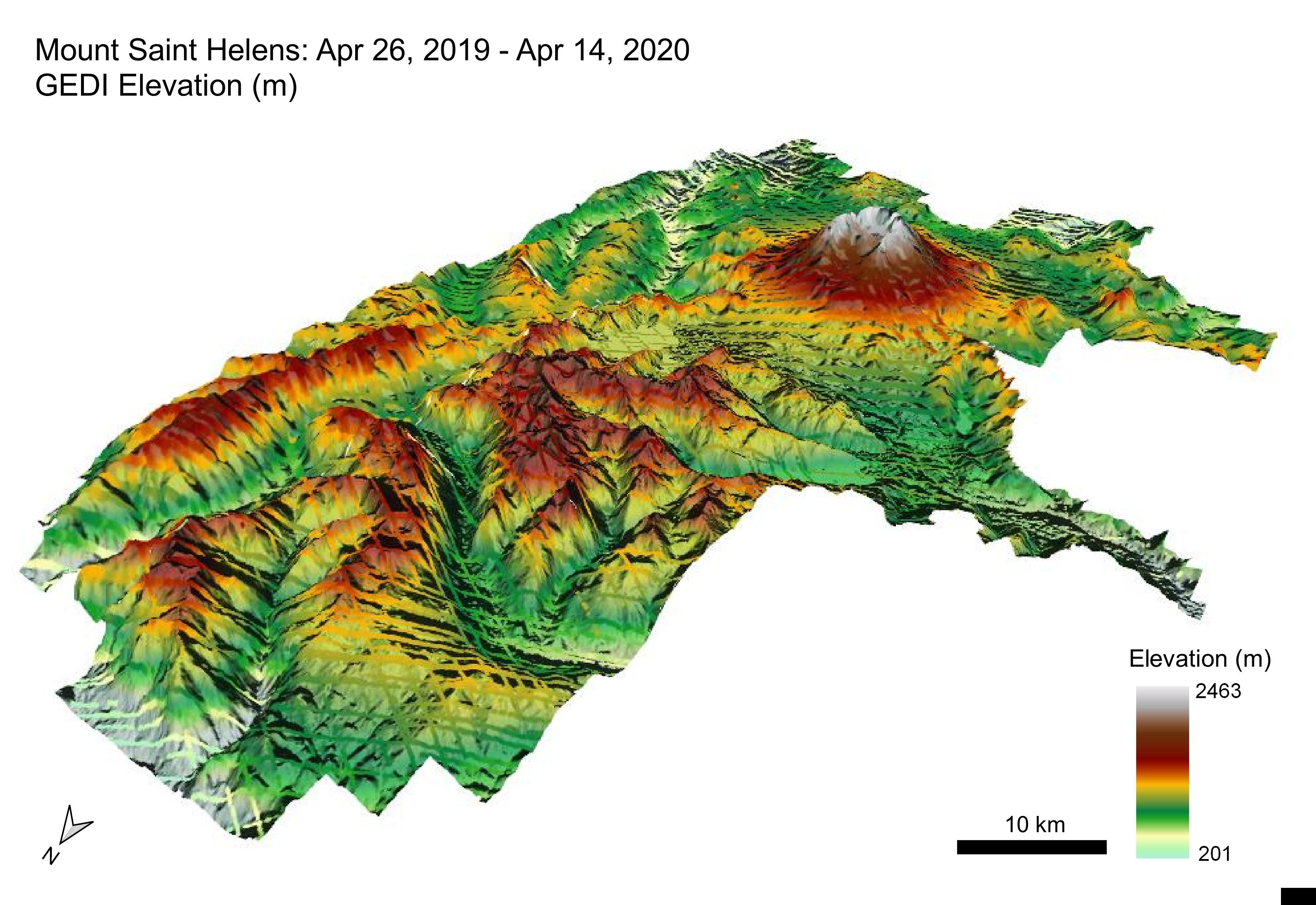 3D image over Mount Saint Helens, Washington showing a year of GEDI L2B elevation superimposed on top of a NASADEM elevation base layer.