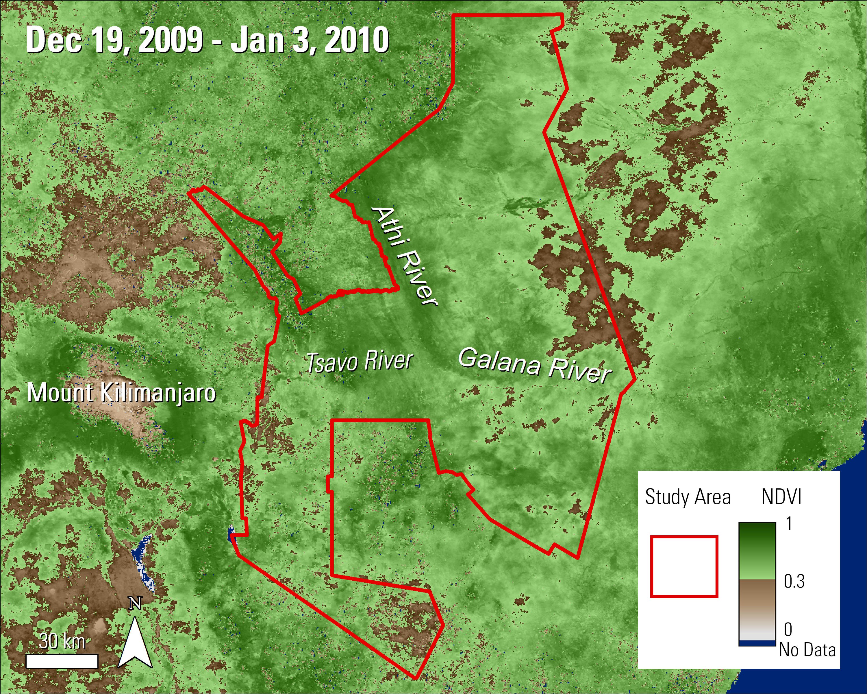 Terra MODIS NDVI data over the Tsavo Conservation Area in Kenya during December and January 2009.
