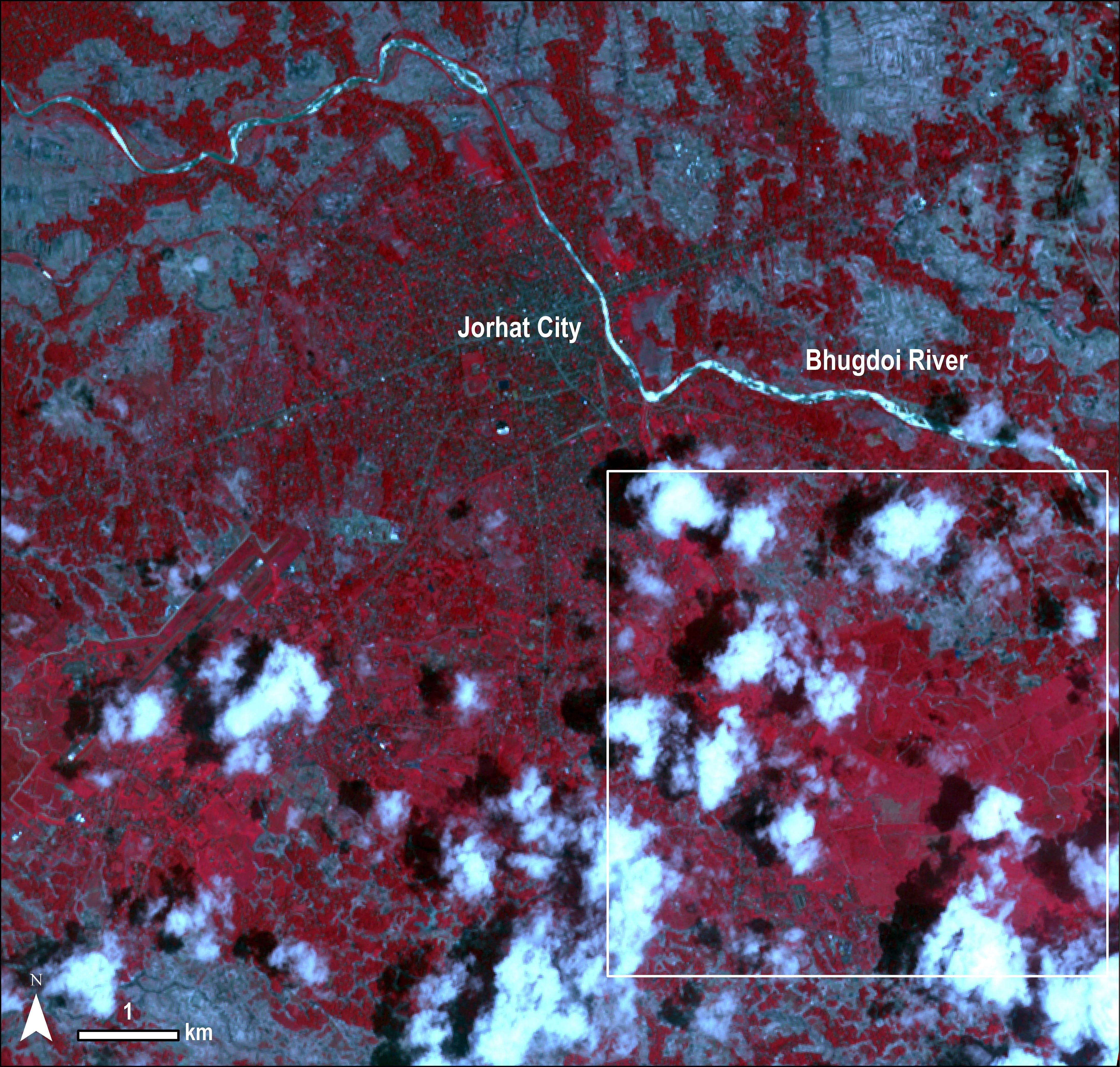 ASTER image of Jorhat City, Assam, India acquired on May 7, 2010.