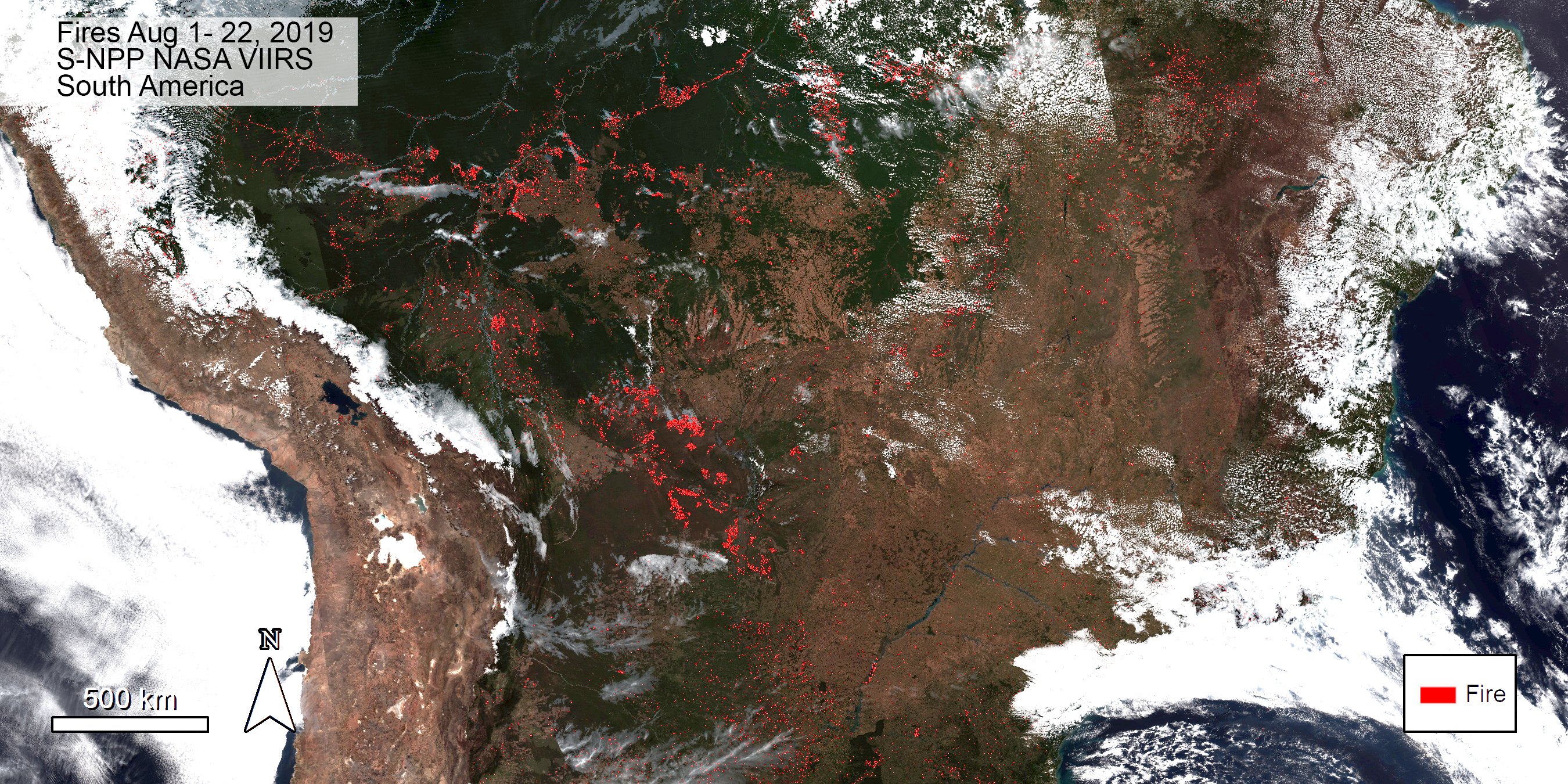 Red dots indicating fires across the Amazon Rainforest.