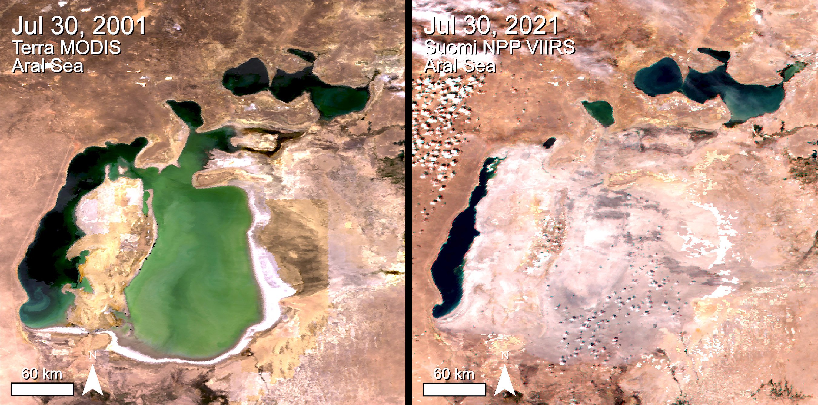 A side by side comparison of the Aral Sea from 2001 using Terra MODIS data and 2021 using Suomi NPP VIIRS data. A large amount of water has disappeared in the 2021 image.