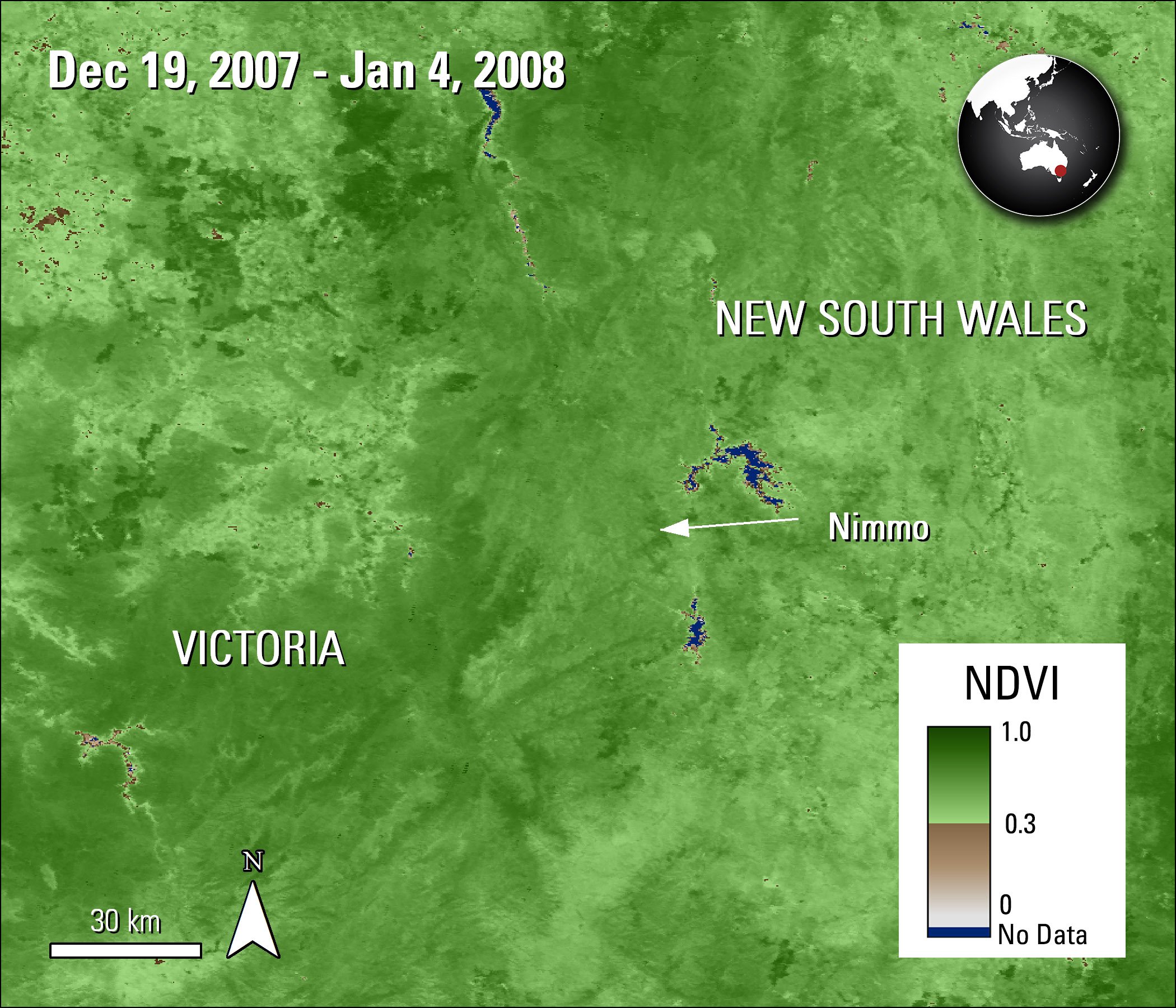Terra MODIS NDVI data over part of Australia, acquired between December 19, 2007 and January 4, 2008.