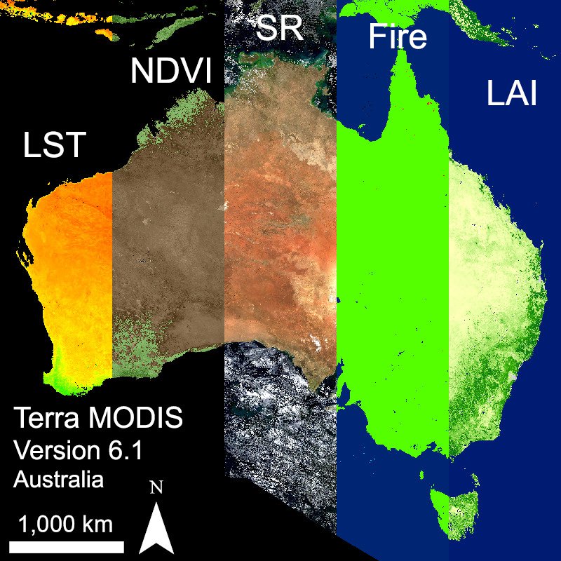 Map of Australia showing LST, NDVI, SR, Fire, and LAI data in equal segments.