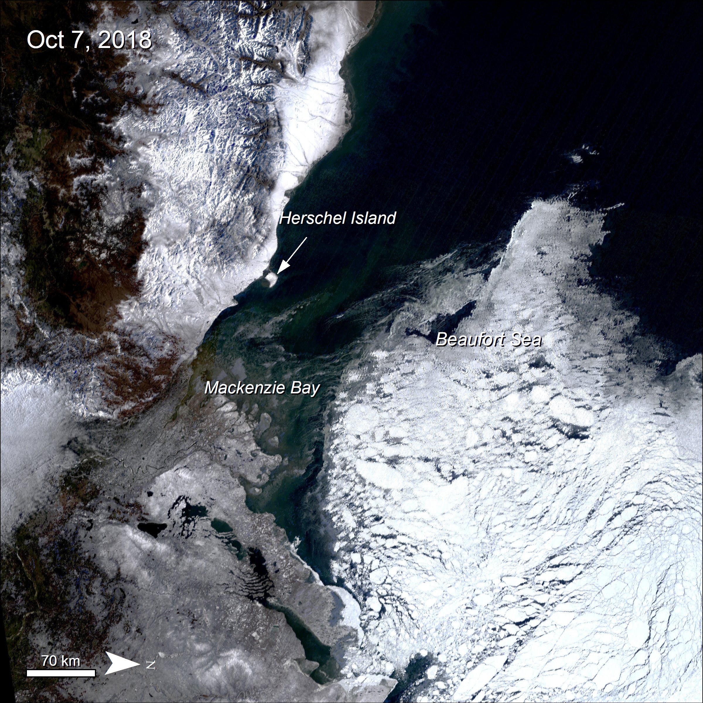 Terra MODIS true color Surface Reflectance data over the Beaufort Sea, Canada showing sea ice in white.