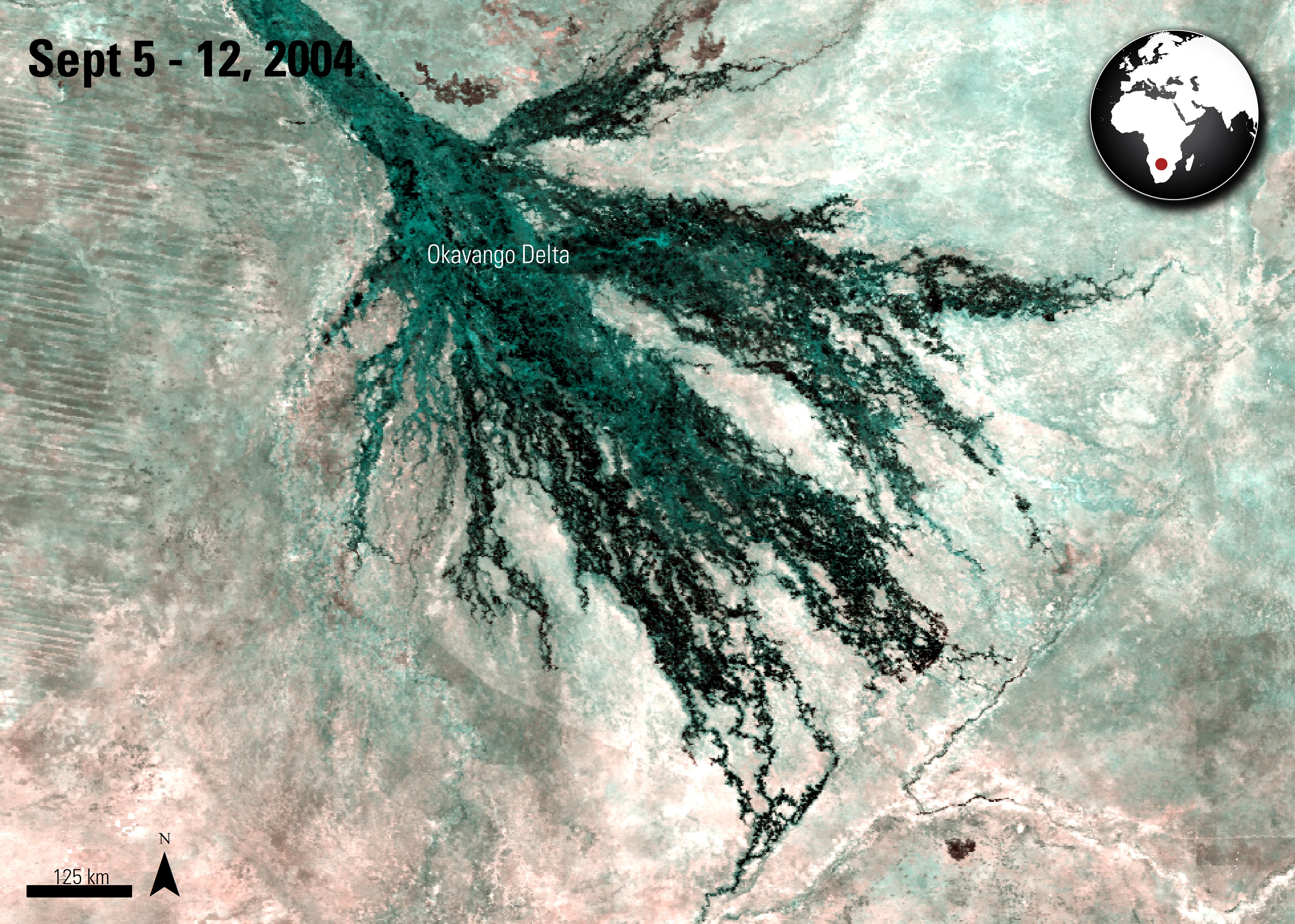 Terra MODIS Surface Reflectance data over the Okavango Delta, Botswana, acquired between September 5 and 12, 2004.