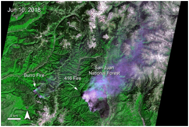 Terra ASTER imagery of the Burro Fire and 415 Fire near the San Juan National Forest, Colorado, United States.