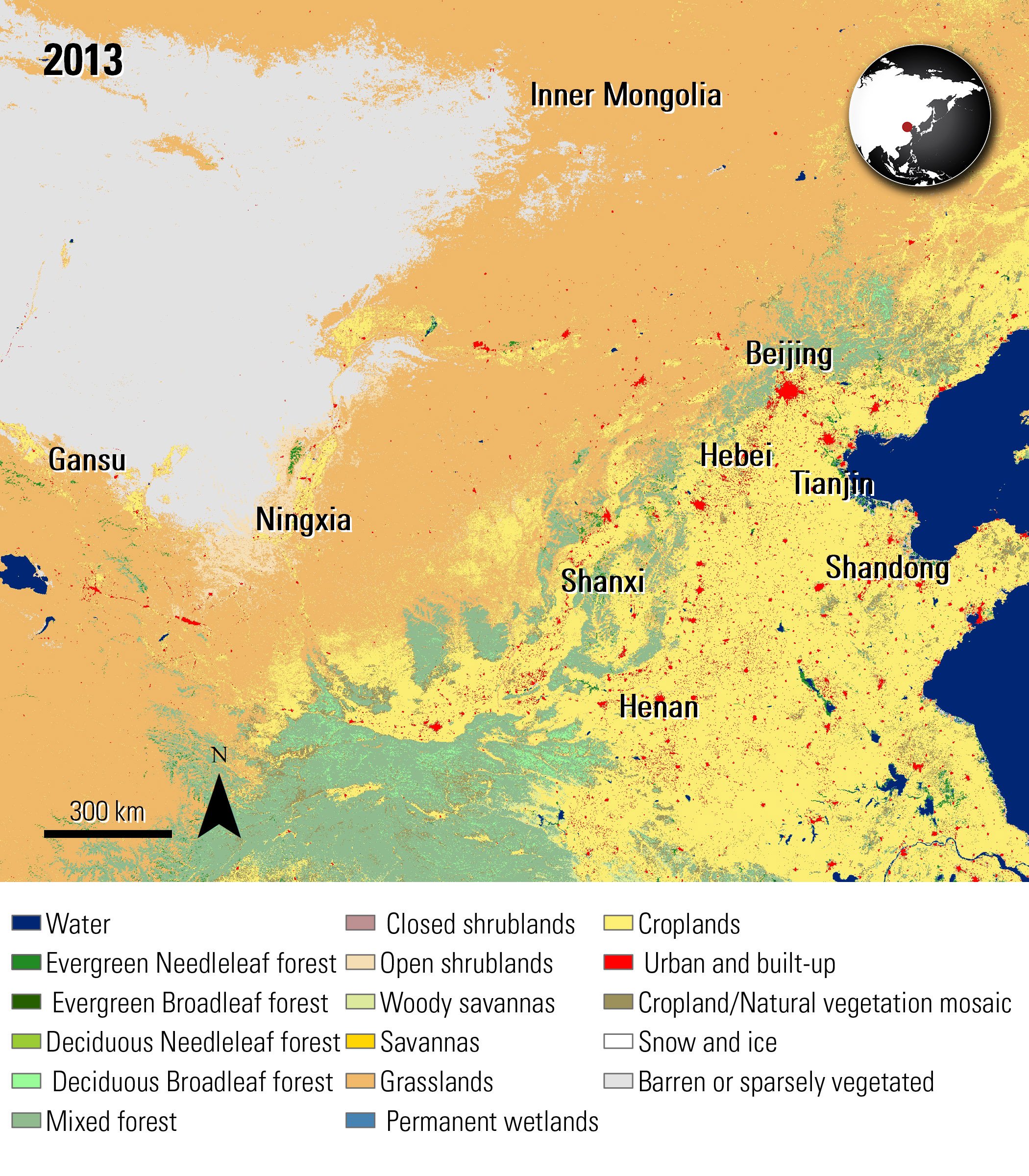 Combined MODIS Land Cover data over part of China, acquired in 2013.