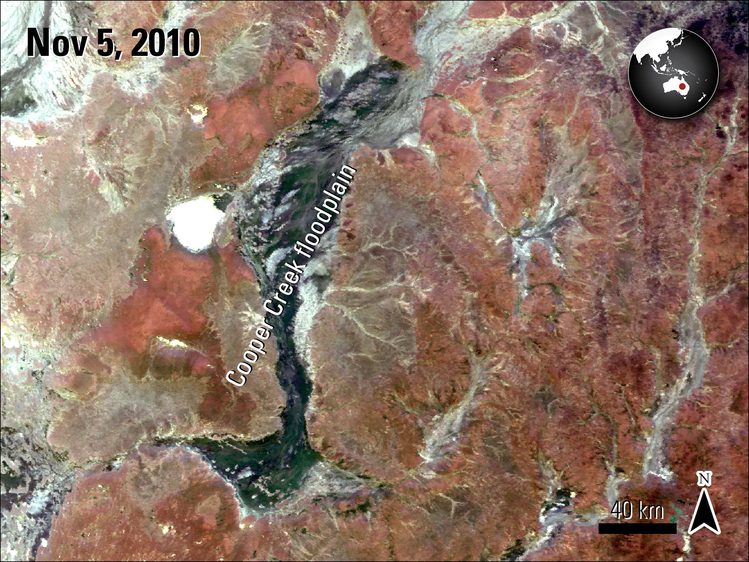 Terra MODIS Surface Reflectance data (MOD09GA) over Cooper Creek, Australia, acquired November 10, 2009.