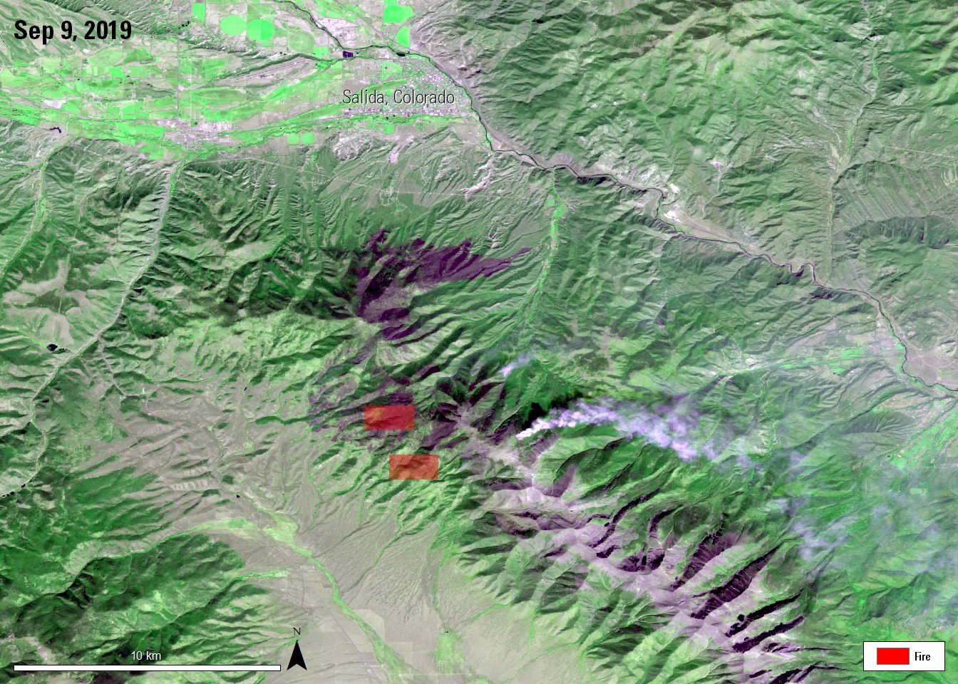 VNP14 product from Sep 9, 2019 overlaid on AST_L1T image of Decker Fire near Salida, Colorado, acquired on October 12, 2019.