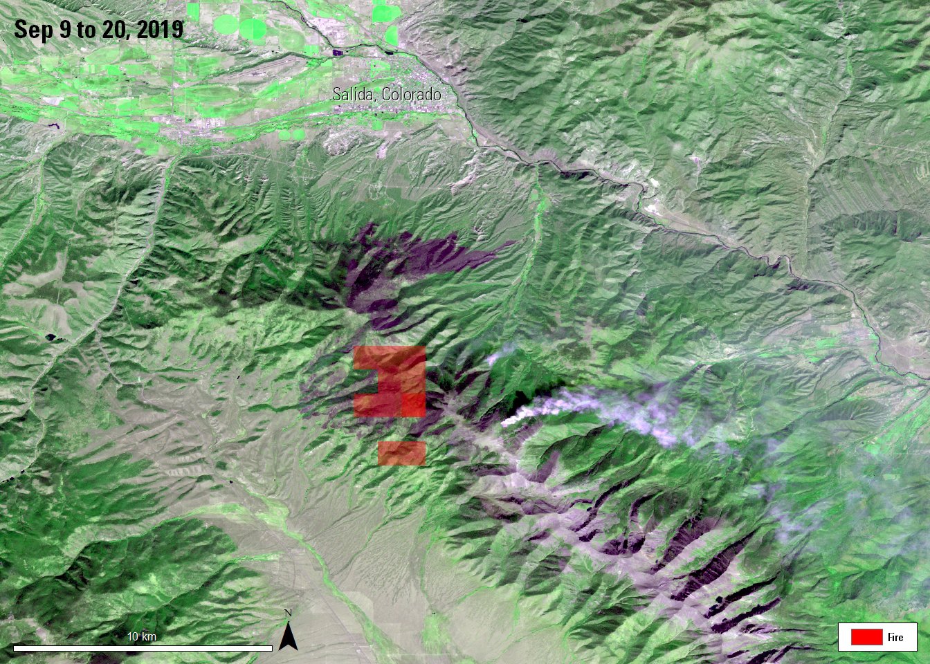 VNP14 products from Sep 9 to Sep 20, 2019 overlaid on AST_L1T image of Decker Fire near Salida, Colorado, acquired on October 12, 2019.