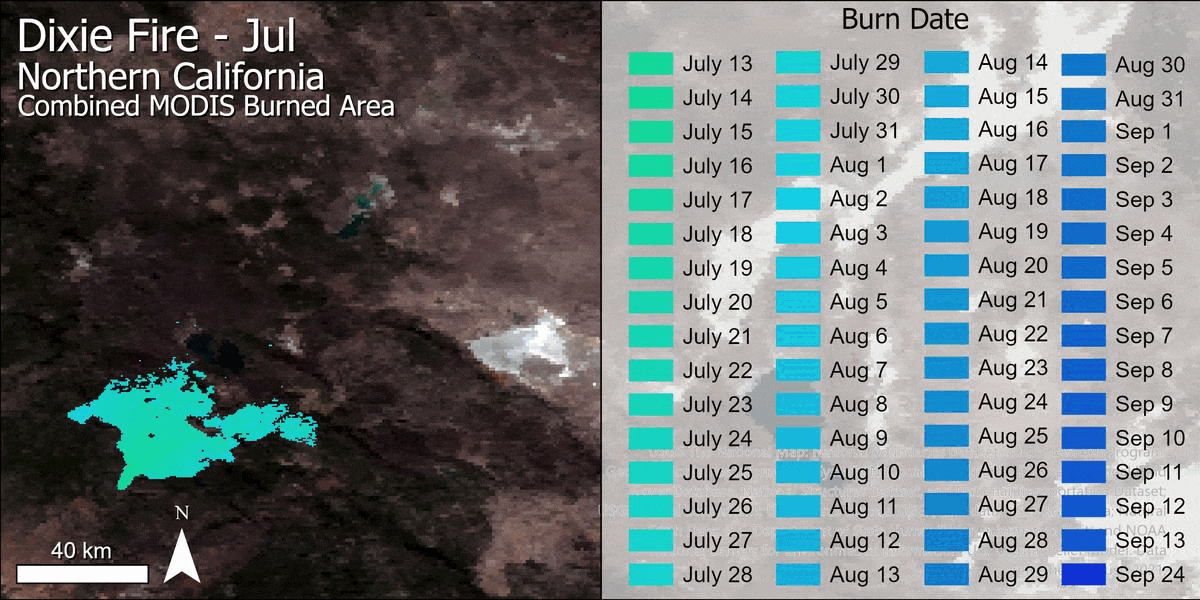 A gif showing the progression of the Dixie Fire in California. The fire spreads northeastward.