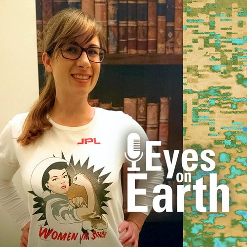 Image of Dr. Kerry Cawse Nicholson, a woman standing in front of a bookshelf. To the right is an image of ECOSTRESS evapotranspiration data.