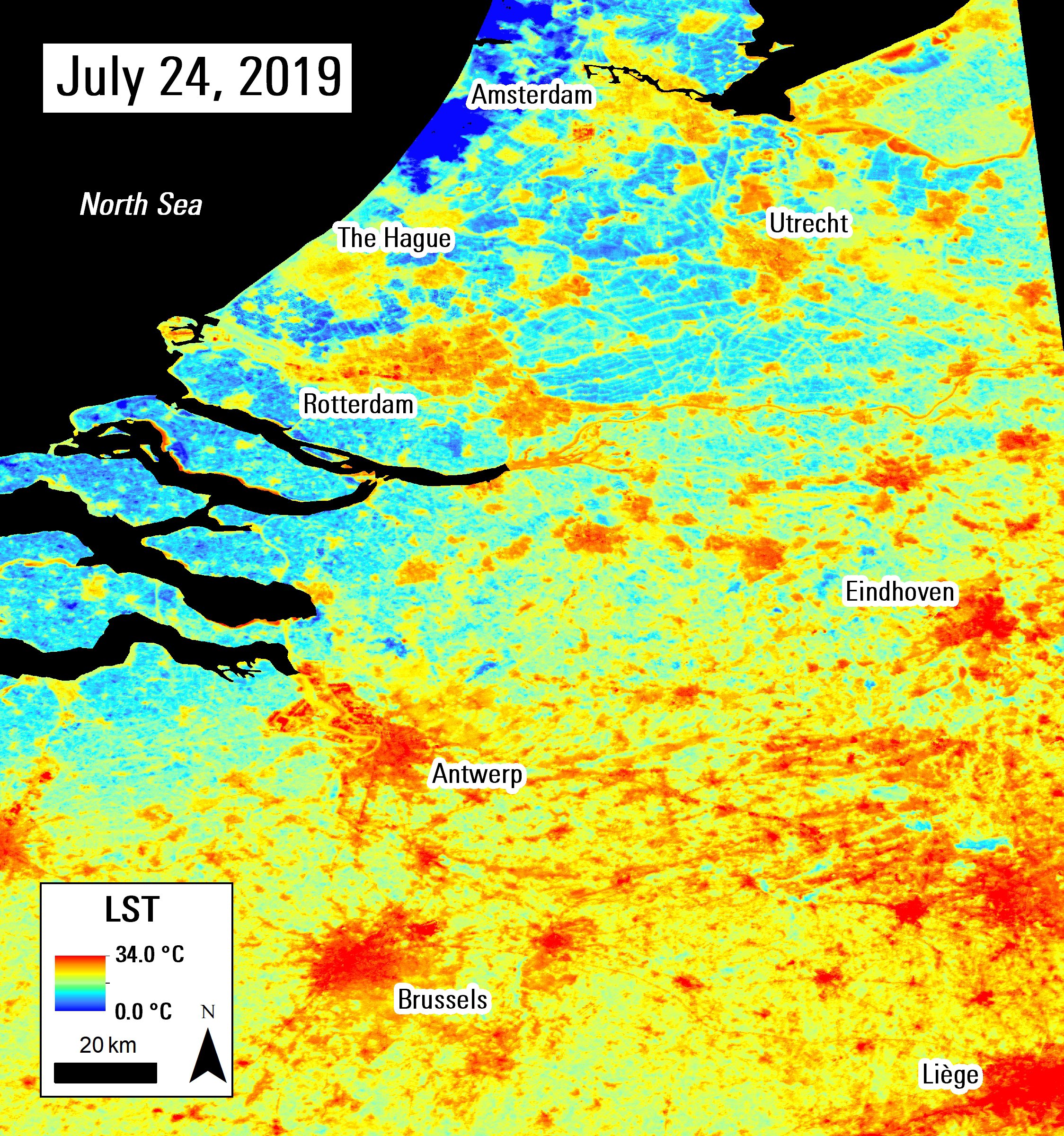 ECOSTRESS Land Surface Temperature observation over cities in Belgium and the Netherlands taken on July 24, 2019.