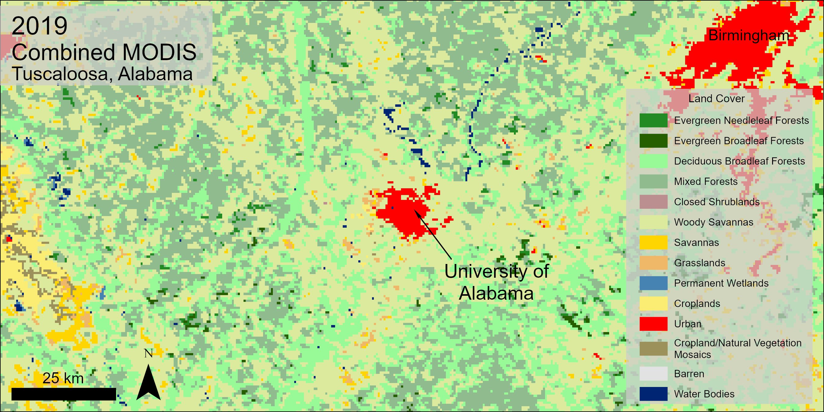 Combined MODIS land cover map over Tuscaloosa, Alabama and the University of Alabama.
