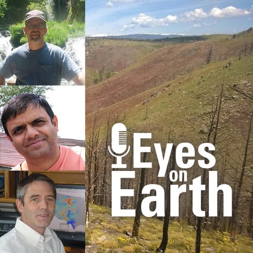 Three headshots of males are lined up to the left of an image of grassland. The text "Eyes on Earth" is on the screen.