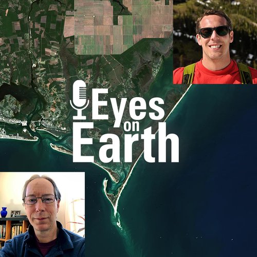 In the background is an HLS remote sensing image of Harkers Island. Two headshots of males are in the foreground. The headshot of Dr. Jeffery Masek is located in the bottom left. The headshot of Dr. Brian Freitag is in the top right.
